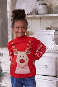 Red Kids Matching Family Reindeer Christmas Jumper (3-16yrs) (T70989) | £23 - £28