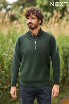 Khaki Green Elbow Patch Zip Neck Jumper (T71507) | £38