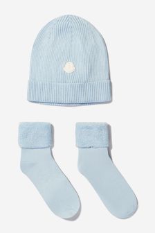 Moncler Enfant Baby Unisex Hat And Socks Set in Blue