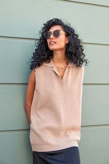 Oatmeal Cream V-Neck Knitted Tank Top (T72969) | £32