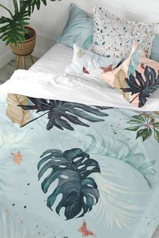 Happy Friday Teal Blue Tropical Duvet Cover and Pillowcase Set