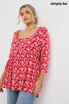 Simply Be Pink Floral 3/4 Sleeve Button Down Smock Tunic