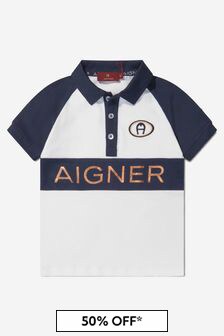 Aigner Boys Cotton Jersey Logo Print Polo Shirt in White