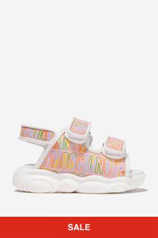 Moschino Kids Girls Leather All Over Print Logo Sandals in Pink
