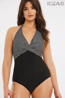 Figleaves Black Stripe Tailor Tall Long Length Twist Halter Non-Wired Tummy Control Swimsuit (T74103) | £38
