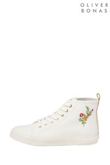 Oliver Bonas White Flower Embroidery High Top Trainers