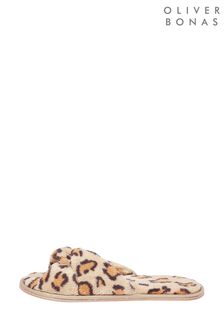 Oliver Bonas Brown Animal Print Faux Fur Knotted Slippers