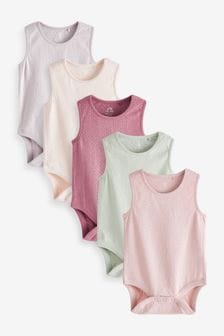 Multi Pastel Pink/Purple Pointelle 5 Pack Baby Vest Bodysuits (T75372) | £13 - £17