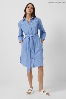 French Connection Blue Stripe Belted Cotton Shirt Dress (T75872) | £85
