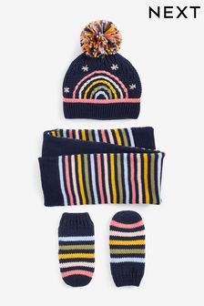 Navy Blue 3 Piece Rainbow Knitted Hat, Scarf And Mitts Set (3mths-6yrs) (T76568) | £16 - £17