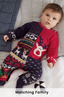 Navy Christmas Rudolf Knitted Baby Romper (0mths-2yrs) (T79117) | £20 - £22
