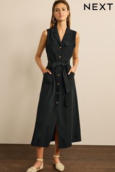 Black Sleeveless Belted Button Down Dress (T80131) | £48