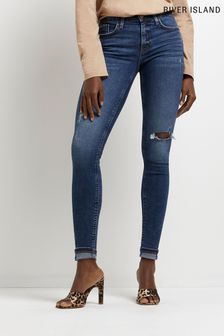 River Island Blue Mid Rise Ripped Skinny Jean