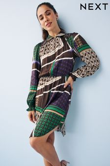 Black Abstract Patch print Shirred Shoulder Mini Dress (T82295) | £15