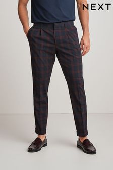 Navy Blue/Burgundy Red Slim Tapered Trimmed Check Trousers (T83192) | £36