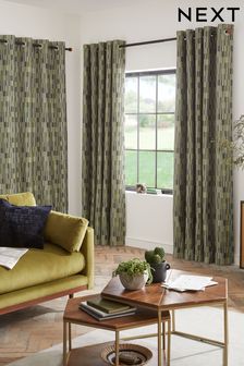 Green Jacquard Blocks Eyelet Lined Curtains