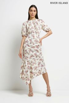 River Island Cream Ss Floral Ruched Side Midi Dress