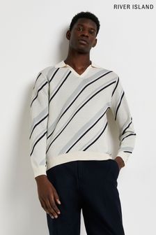River Island Ecru Cream Ls Diagonal Stripe Open Polo Shirt