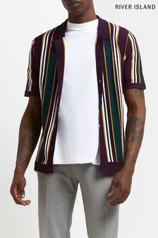 River Island Purple Dark Button Through Stripe Polo Shirt