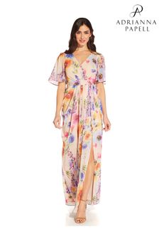 Adrianna Papell Pink Floral Printed Chiffon Gown