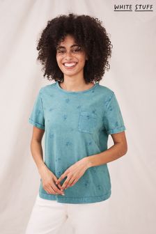 White Stuff Teal Blue Neo Embroidered T-Shirt
