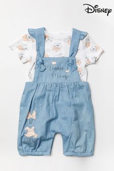 Disney Blue Minnie Mouse Chambray Dungaree And T-Shirt Set