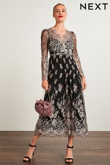 Black Long Sleeve Lace Midi Dress (T90593) | £96