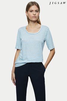 Jigsaw Blue Linen Fine Stripe Short Sleeve T-Shirt (T90668) | £65