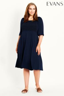 Evans Blue Shirred Plain Dress