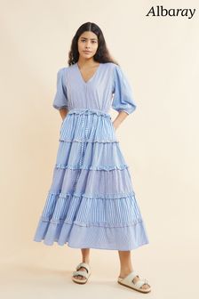 Albaray Blue Mixed Stripe V-NeckTiered Midi Dress