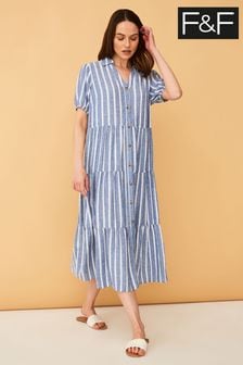 F&F Blue Stripe Linen Blend Tiered Midi Dress