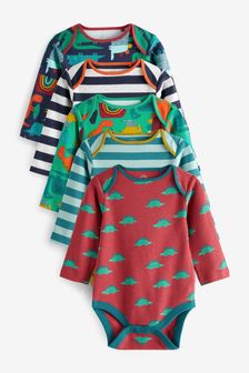 Multi Purple and Blue Dinosaur Baby Long Sleeve Bodysuits 5 Pack (0mths-3yrs) (T93479) | £18 - £22