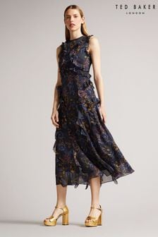 Ted Baker Karolia Navy Blue Sleeveless Waterfall Midi Dress