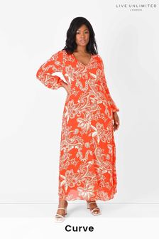 Live Unlimited Red Curve Floral Print Maxi Dress With Blouson Sleeves