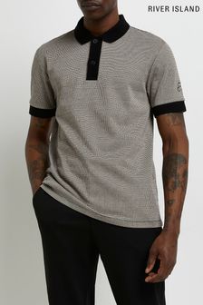 River Island Black Medium Short Sleeve Slim Check Jacquard Polo Shirts