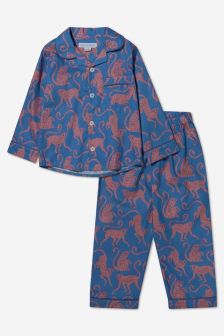 Desmond & Dempsey Unisex Organic Cotton Monkey Print Long Pyjamas in Blue
