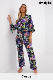 Simply Be Black Floral Print Pretty Secrets Frill Sleeve Pyjama Set