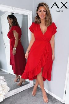 AX Paris Red Wrap Over Frill Hem Short Sleeve Midi Dress