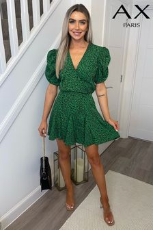 AX Paris Green Printed Puff Sleeve Pleated Mini Dress