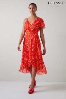 L.K.Bennett Krasner Red Botanical Print Silk Devoré Summer Dress