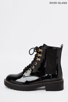 River Island Black Lace Up Gusset Chunky Boots