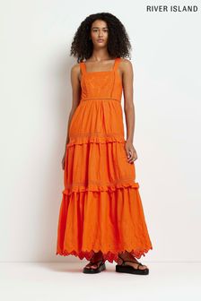 River Island Orange Broderie Lace Tiered Maxi Dress