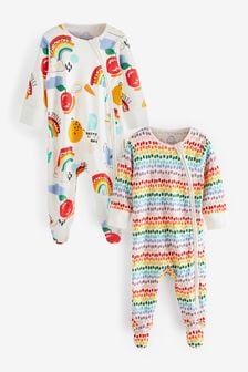 White Bright Rainbow Print Baby 2 Pack Zip Sleepsuits (0-3yrs) (U02392) | £15 - £19