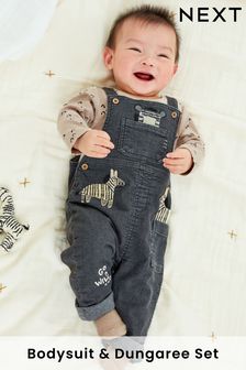 Grey Zebra Appliqué 2 Piece Baby Denim Dungarees And Bodysuit Set (0mths-3yrs) (U03090) | £22 - £24