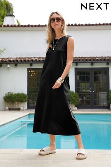 Black Sleeveless Cotton Jersey Midi Summer Dress (U03217) | £26