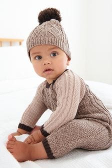 Brown Knitted Baby Rompersuit And Hat (0mths-2yrs) (U03521) | £22 - £24