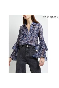 River Island Navy Blue Long Sleeve Chiffon Flute Sleeve Shirt