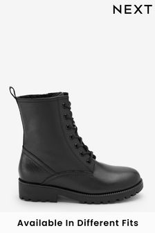 Black Leather Wide Fit (G) Warm Lined Lace Up Boots (U03815) | £45 - £51
