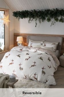 Pink/Cream Reversible Fleece Christmas Stag With Faux Fur Detail Duvet Cover and Pillowcase Set (U08358) | £40 - £70