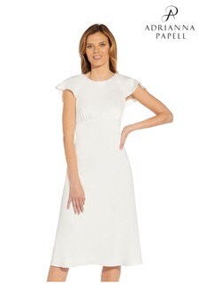 Adrianna Papell White Satin Crepe Ruffle Dress